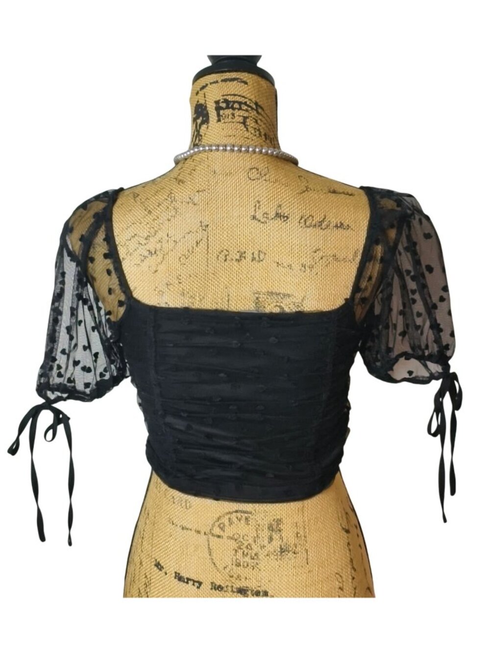 Forever 21 S Crop Y2k Black Puff Slvs Mesh Ruched Heart Print Tie Detail Flirty - Picture 4 of 8